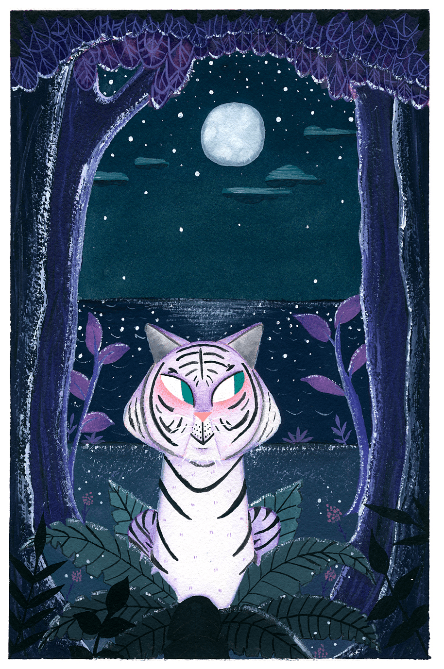 At night, a happy, white tiger sits on the beach under some trees.