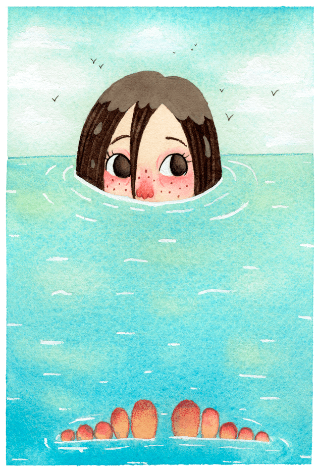 A giant girl is immersed in the sea, while seagulls fly above.