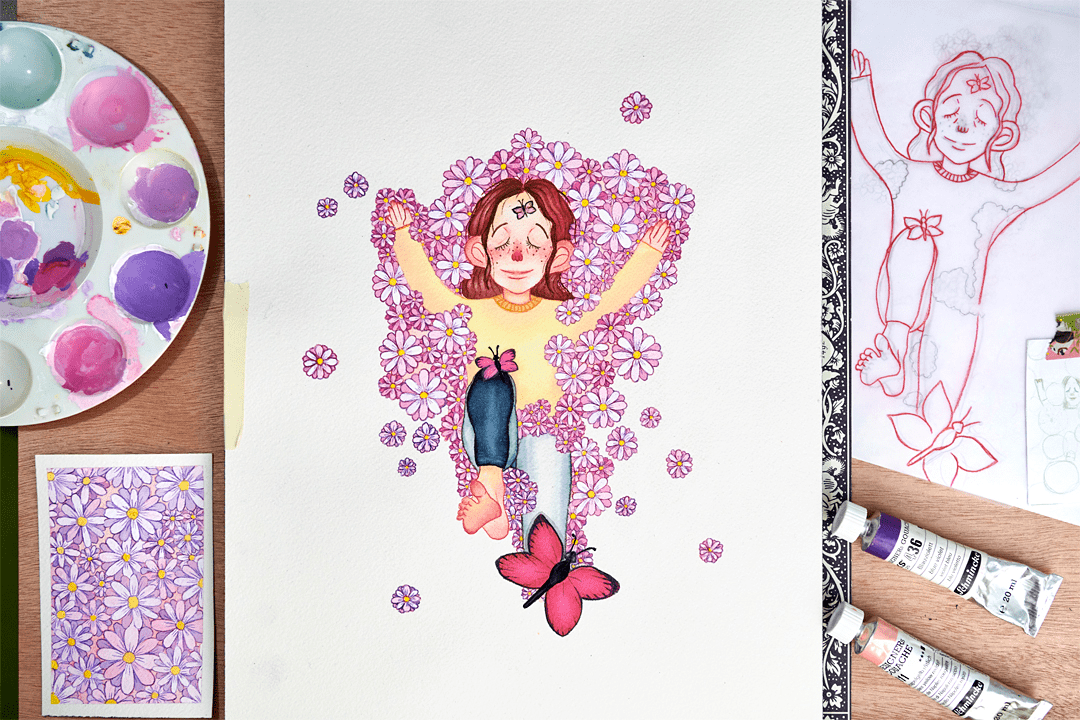 Pink butterflies are perched on a woman lying on a bed of flowers.